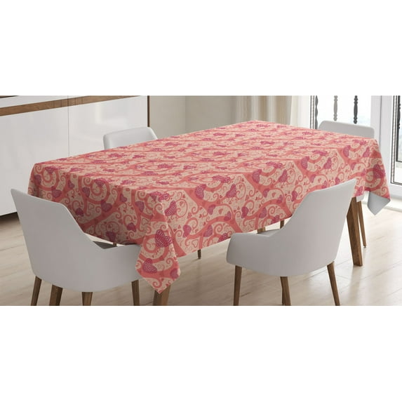 Romantic Tablecloth, Flowers Hearts Valentines Celebration Birthday Lovers Twiggy Branches, Rectangle Satin Table Cover for Dining Room and Kitchen, 60" X 90", Coral Pale Peach Pink, by Ambesonne