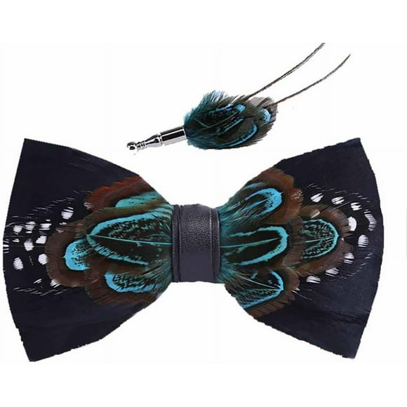 HAHDAXIA Feather Bow Tie Necktie Peacock Pre-tied Bow Tie and Brooch Sets