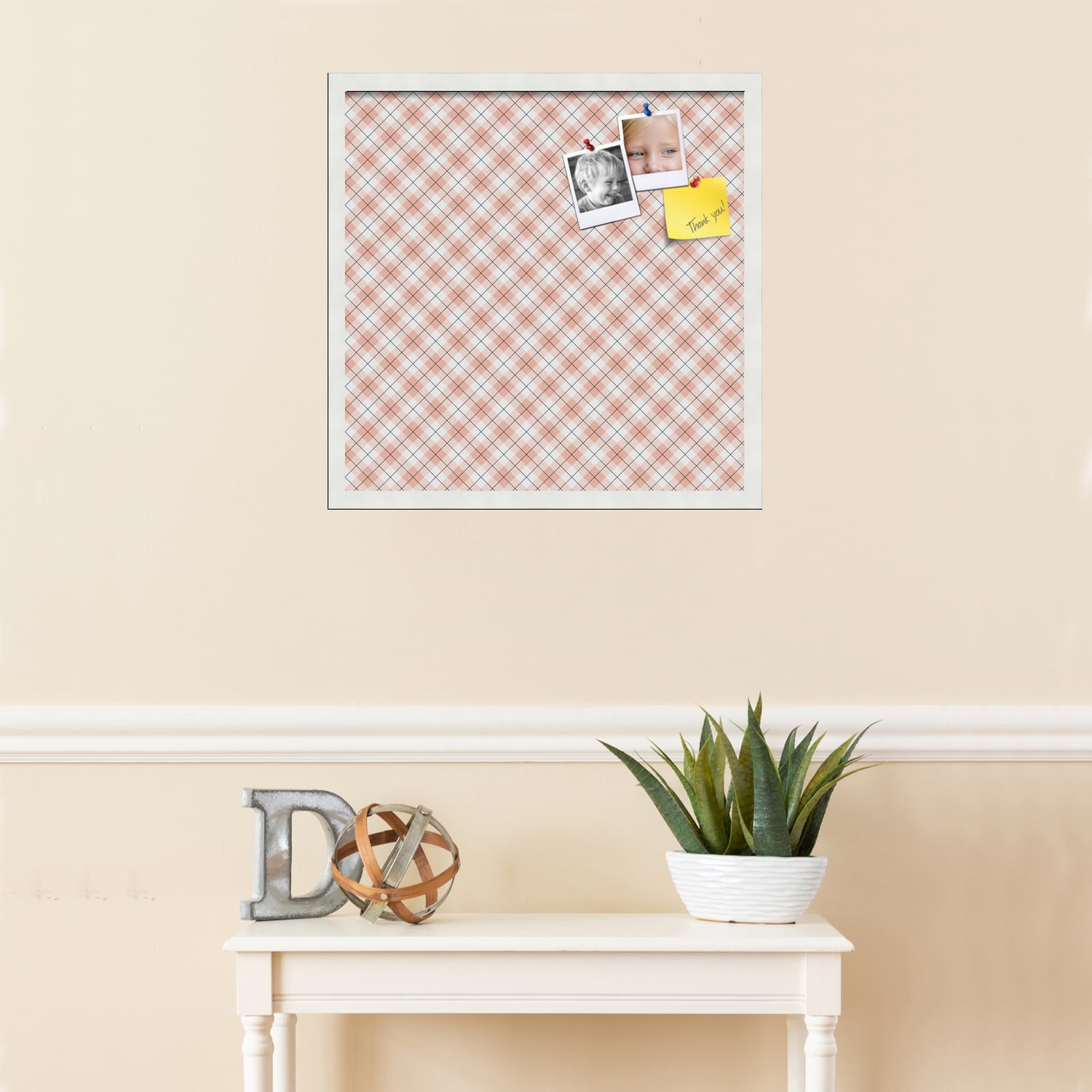 PinPix ArtToFrames 20x20 Custom Cork Bulletin Board Argyle Tan   Poster Board Has a Fabric Style Canvas Finish, Framed in Satin White Frame (PinPix-643)