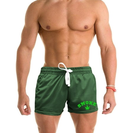 Men's Smoke Weed Leaf V572 Green Mesh Gym Shorts