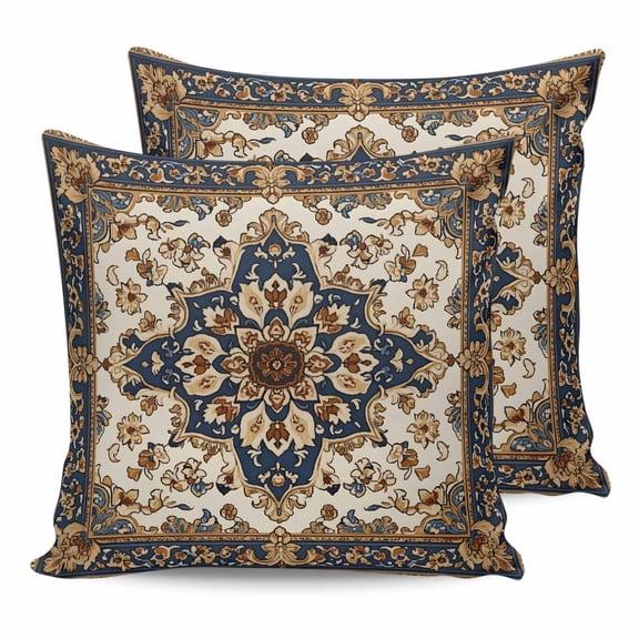 14x14 Pillow Covers Set of 2, Boho Ethnic Throw Pillow Covers Decorative Couch Cushion Case, Vintage Bohemian Traditional Floral Classic Microfiber Square Pillowcases for Bedroom Car Living Room