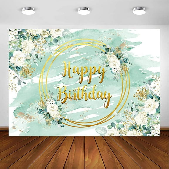 Greenery Happy Birthday Backdrop for Girl Women Green Leaves White Flower Birthday Photography Background Green Gold Eucalyptus Birthday Party Decoration Banner