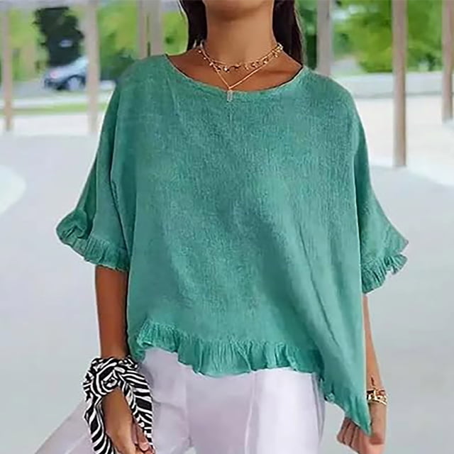TINZ Round Neck Ruffled Hem Mid Sleeve And Linen Top Casual Ruffle Solid Short Sleeve Blouse Tops For Women Football Shirt Women Womens Short Sleeved Athletic Tops Exercise Wear for Women