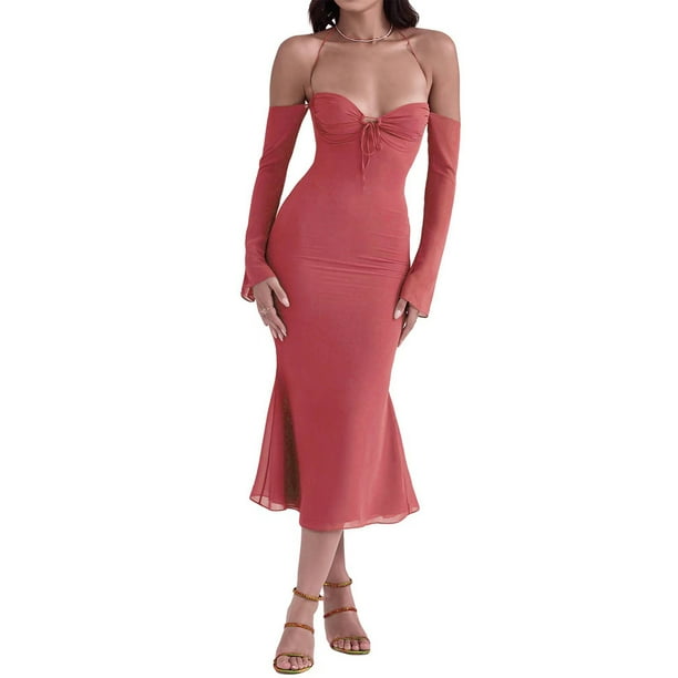 Vestido Largo Con Tirantes Vestido halter con manga y hombros descubiertos Traje clubwear (Rojo sandía S) Cgtredaw Para estrenar