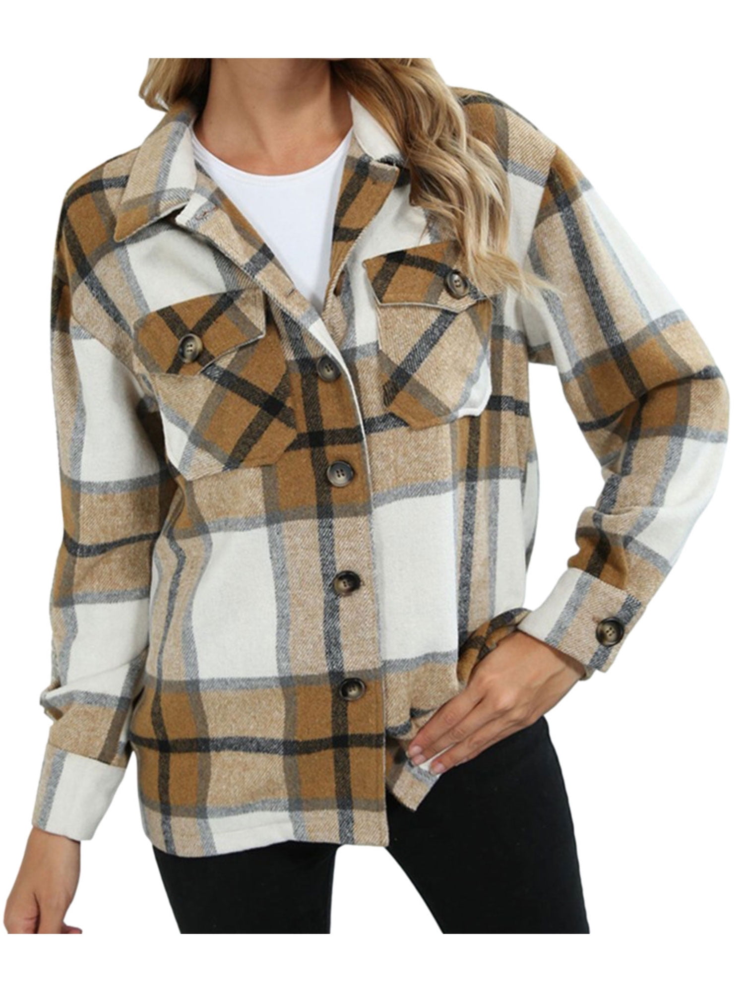 Kiapeise Women Casual Plaid Button Down Shirt Shacket Jacket Long