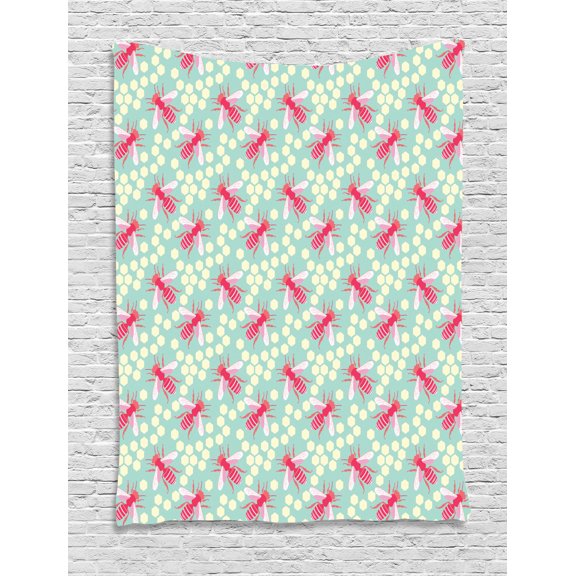 Bee Tapestry, Colorful Abstract Bee Figures and Hexagon Shapes on Blue Background Theme, Wall Hanging for Bedroom Living Room Dorm Decor, 40W X 60L Inches, Almond Green Pink Cream, by Ambesonne