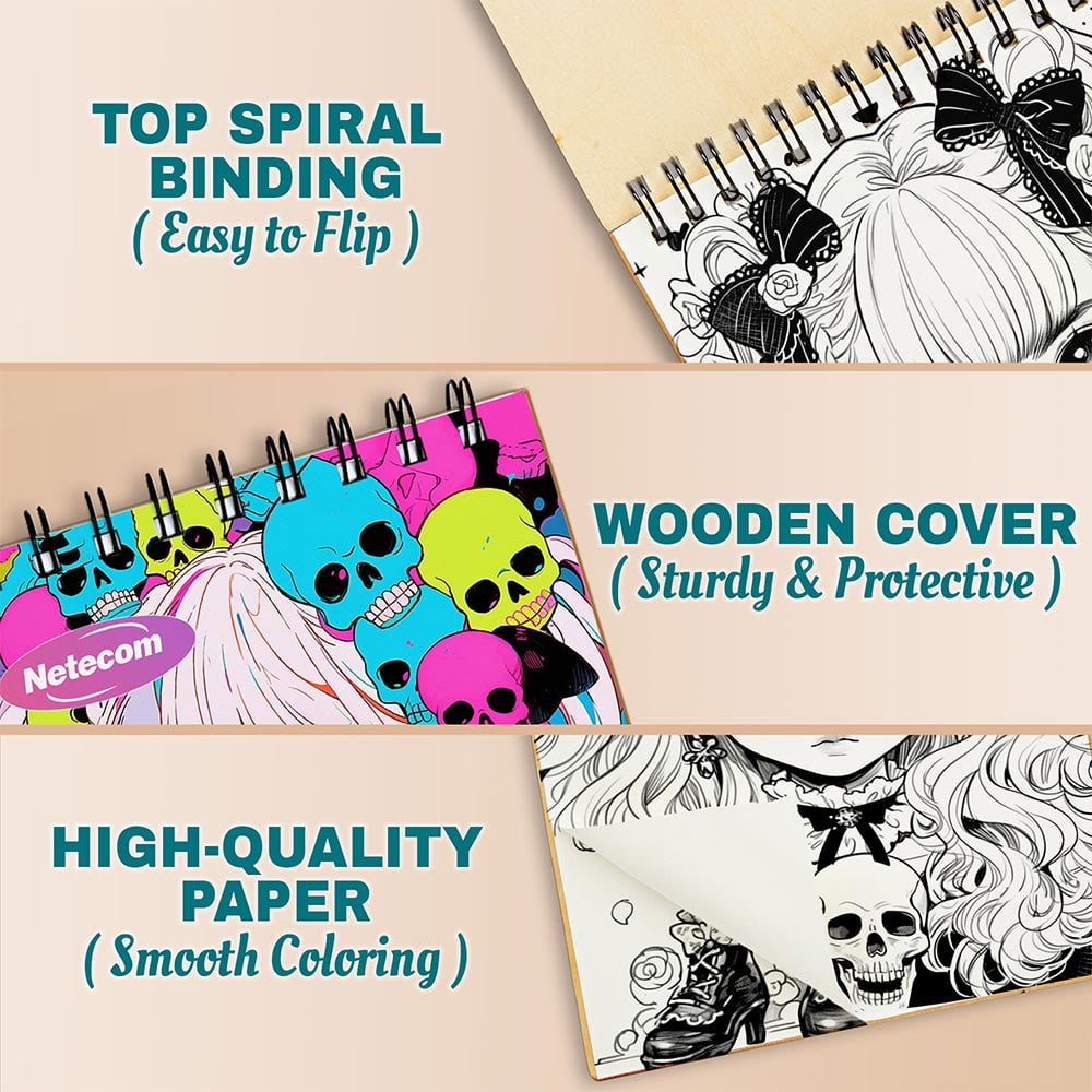 Creepy Kawaii Anime Coloring Book Spiral Bound For Adults, A5 Wooden Cover, 30 Adorable yet Eerie Coloring Pages in Kawaii Horror Style for Stress Relief and Relaxation