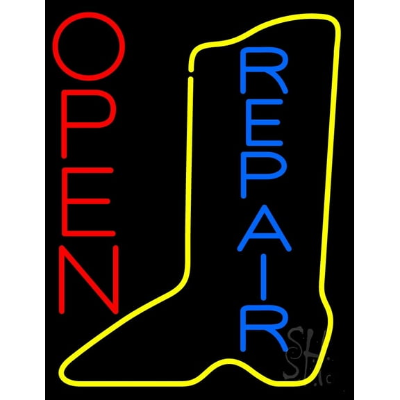 Vertical Yellow Shoe Blue Repair Open LED Neon Sign 19 x 15 - inches, Black Square Cut Acrylic Backing, with Dimmer - Bright and Premium built indoor LED Neon Sign for store Décor, Storefront.