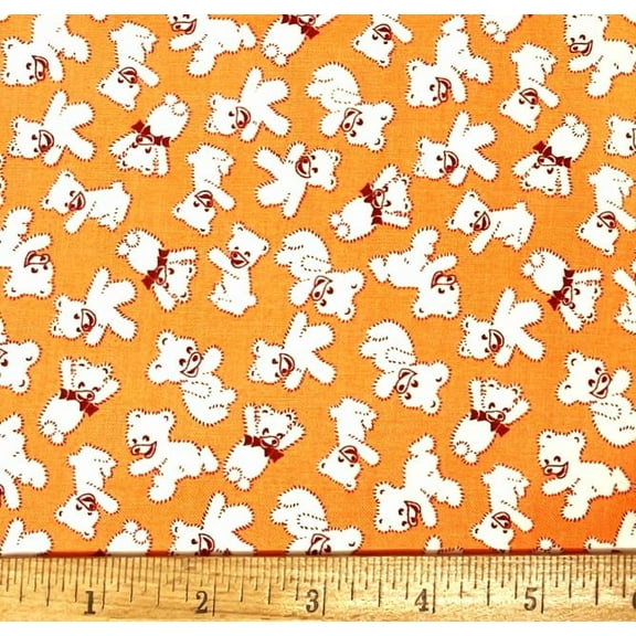 1 Fat Quarter - Mini Teddy Bears on Tangerine Orange Cotton Fabric - 21" X 18"