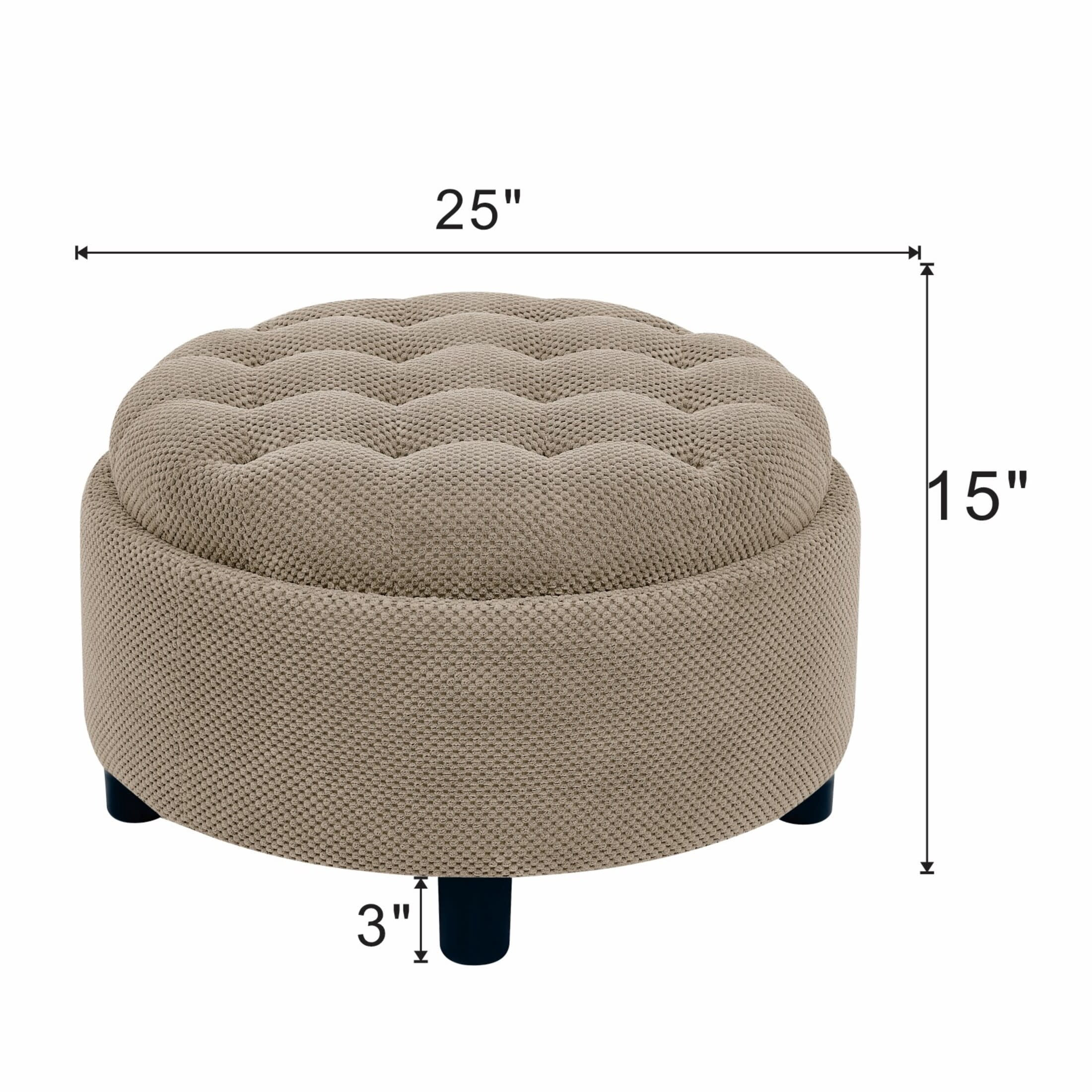 Noble House 25" Round Storage Ottoman with Removable Tray Top, Upholstered Coffee Table, Camel