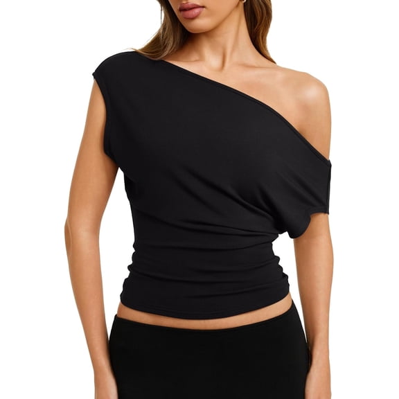 otnbgsr Women's 2026 Off Shoulder Top Asymmetrical Neck Cap Sleeve Cinched Waist Loose Casual Summer Shirt