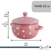 Servette Home Pink Polka Dot Soup Ceramic Bowls with Lids and Handles - Set of 4