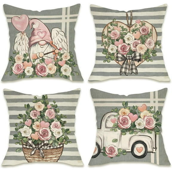 Valentine''s Day Grey Decorative Throw Pillow Covers 18 x 18 Set of 4, Gnome Truck Rose Flowers Love Heart Stripes Outdoor Pillowcase, Anniversary Wedding Holiday Cushion Case Home Decor