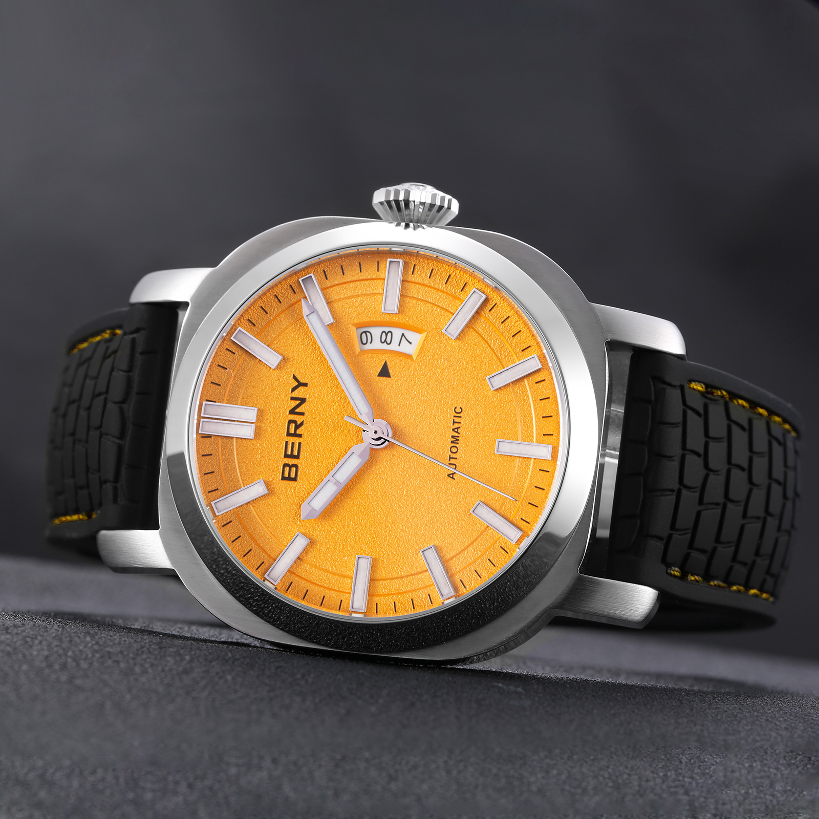 BERNY Automatic Watch for Men, Sport 10ATM Waterproof Mechanical Watch with Silicone Strap, Date Calendar, Super Luminous, Sapphire Glass, Fashion Men's Diver Wristwatch, Orange