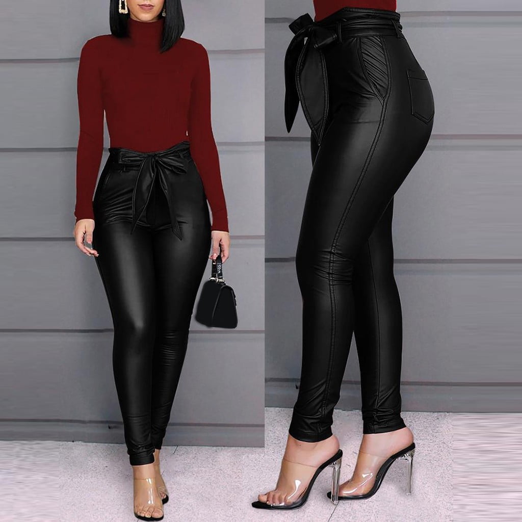 Long Pants For Women Women Large Size High Waisted Slim Leather Pants Casual Stretch Trousers Black XXXL JE Walmart