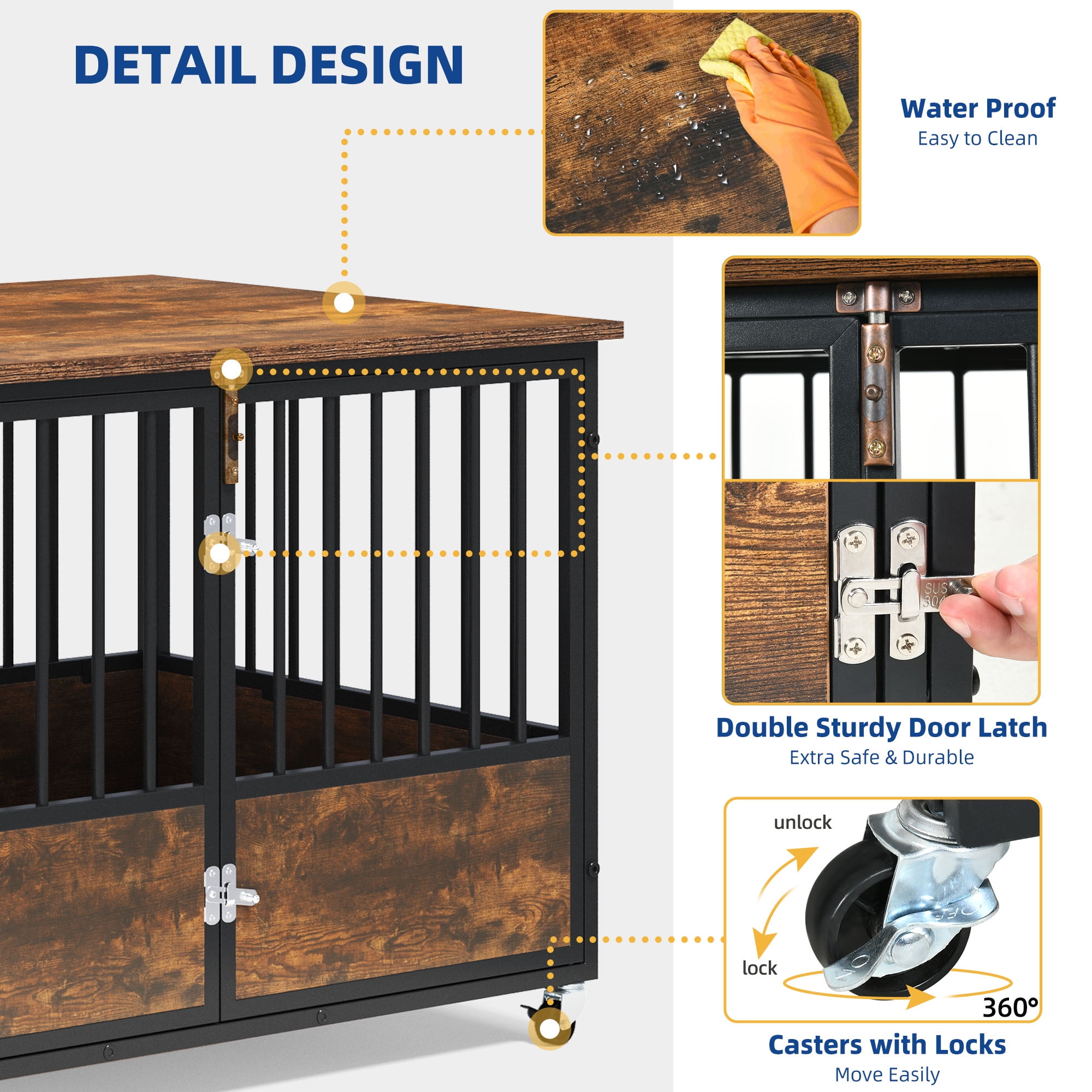 Uforic 43-Inch Wooden Dog Crate Furniture with Wheels and Double-Doors,Dog Kennel,Dog Cage for Indoor - Rustic Brown