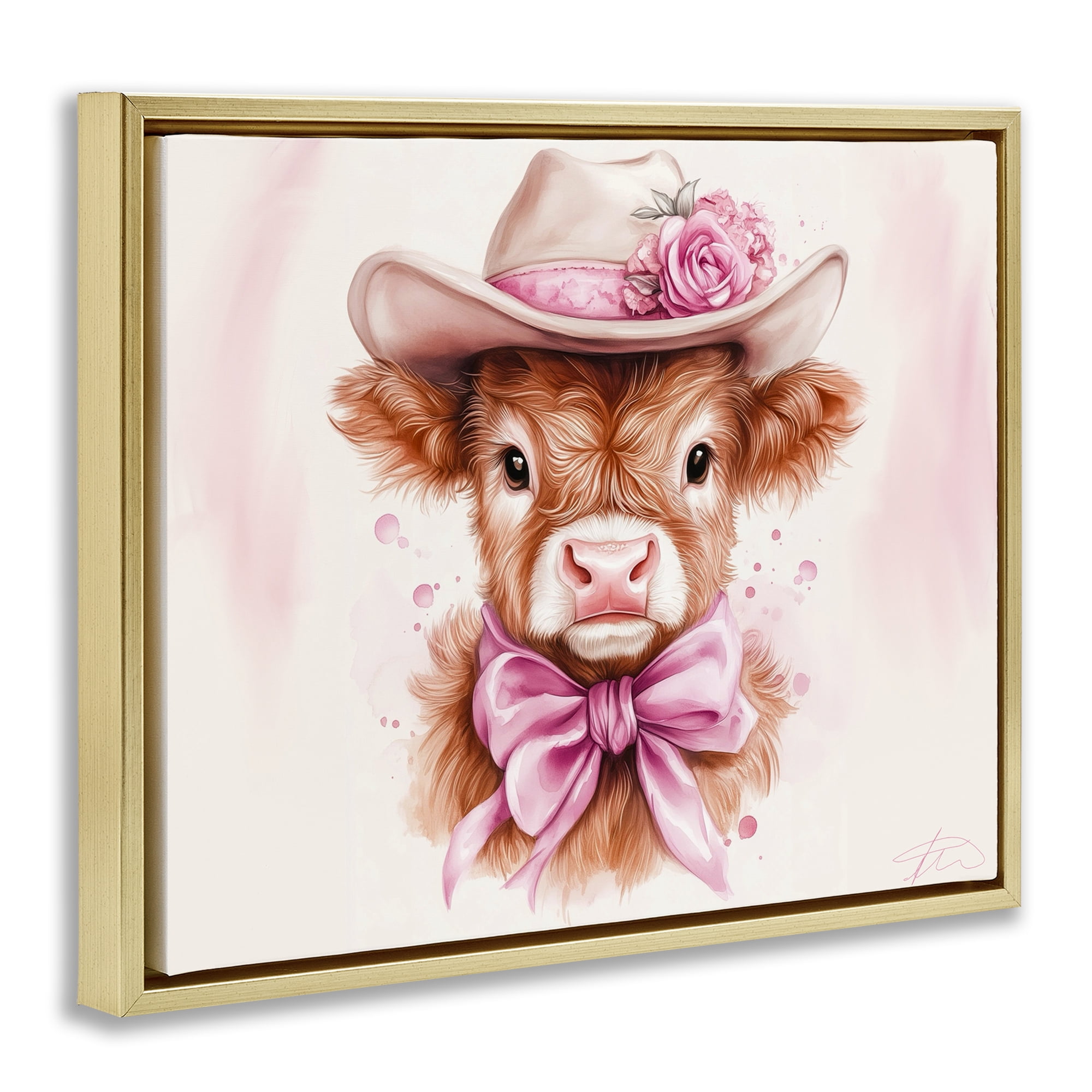 Pretty In Pink Cow Gold Framed Floater Canvas Wall Art, design by Shawna Stewart
