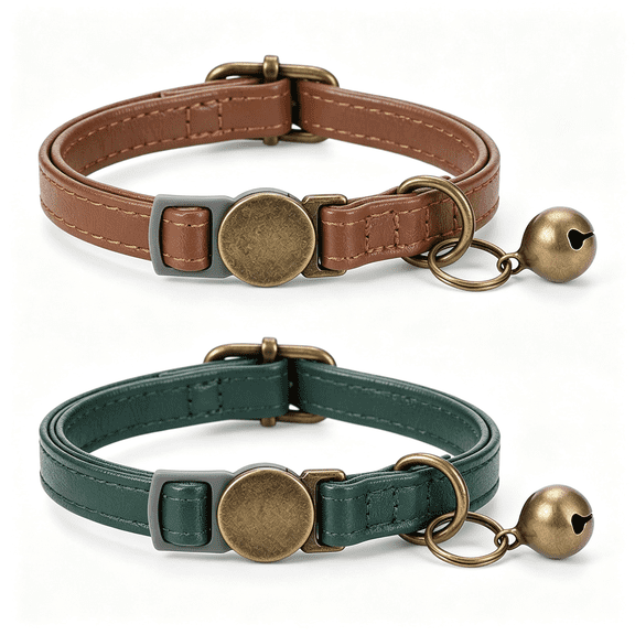 GASTROPOD 2 Pcs Leather Cat Collar Adjustable Retro Kitten Collar with Bell Cat Collars Breakaway with Safety Buckle Quick Release Fit Most Cats and Kittens(8-12")