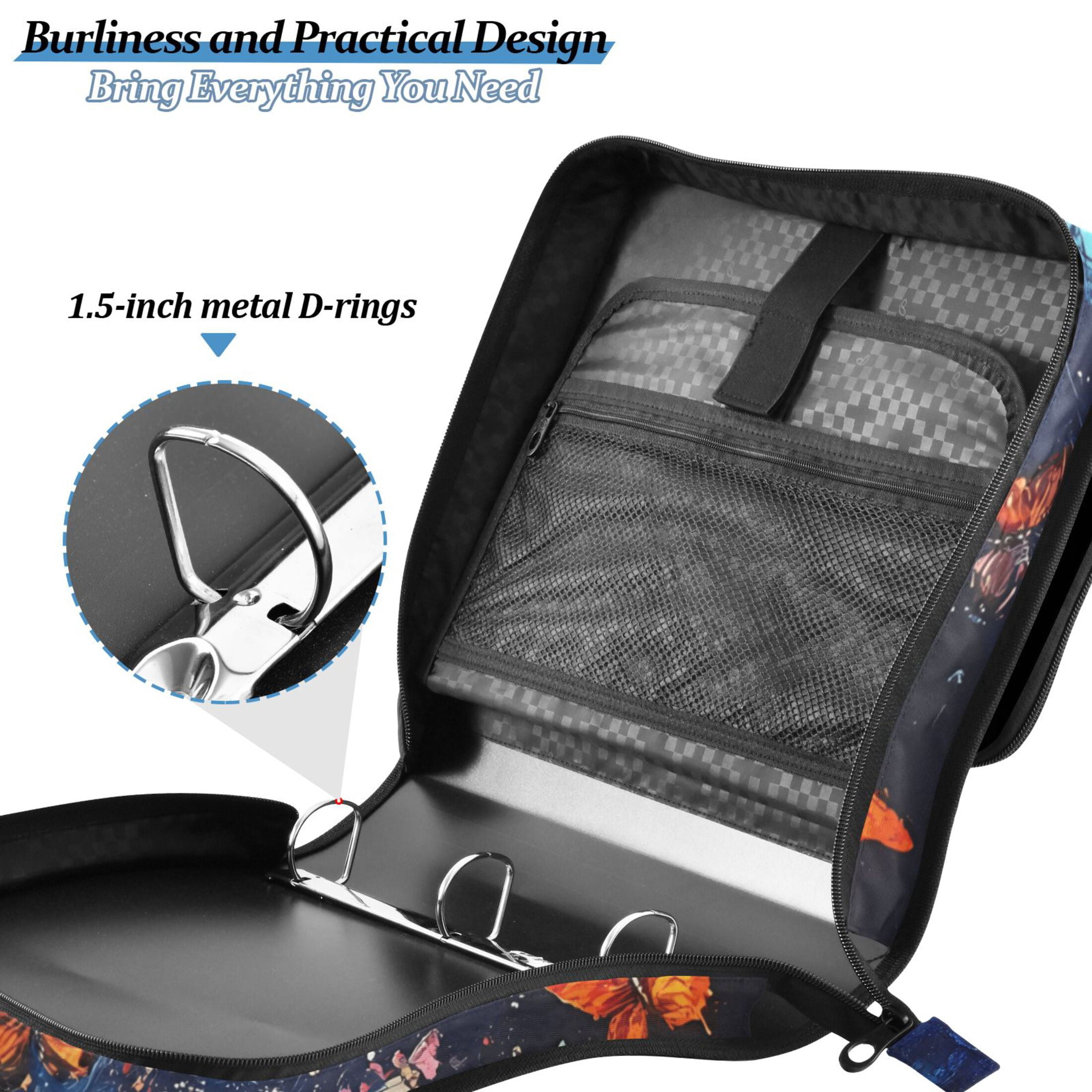3 Ring Zipper Binder with Shoulder Strap Waterproof Trapper Keeper 2 Inch D-Ring 500 Sheets Capacity Colorful Butterflies Fly on Book