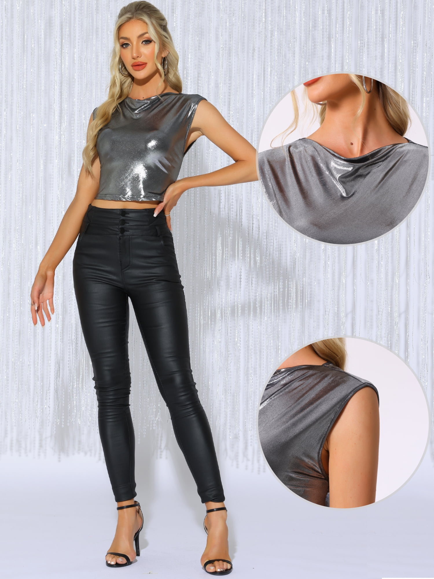 DARING DIVA Women's Shiny Tank Top Sleeveless Party Club Shirts L Black Silver