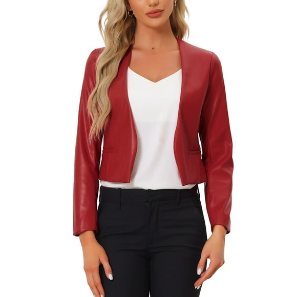 Abrigo de mujer INSPIRE CHIC de cuero sintético, sin cuello, abierto al frente, chaquetas de moto estilo biker, color rojo vino