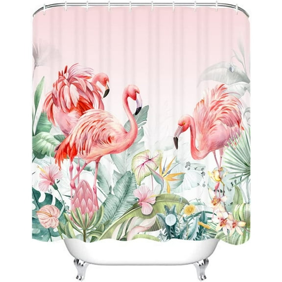 72" x 72" Summer Flamingo Shower Curtain Tropical Watercolor Floral Leaves Bathroom Set Pink Flamingo Home Bath Bathtub Decor Durable Fabric Machine Washable with 12 Hooks