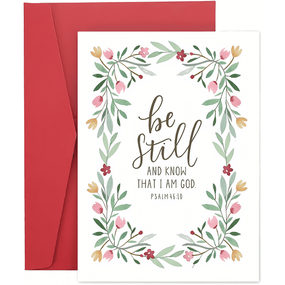 Inspirational Greeting Card - "Be Still and Know That I Am God" Psalms 46:10 - Floral Design with Red Envelope - Perfect for Encouragement, Support, or Celebrations