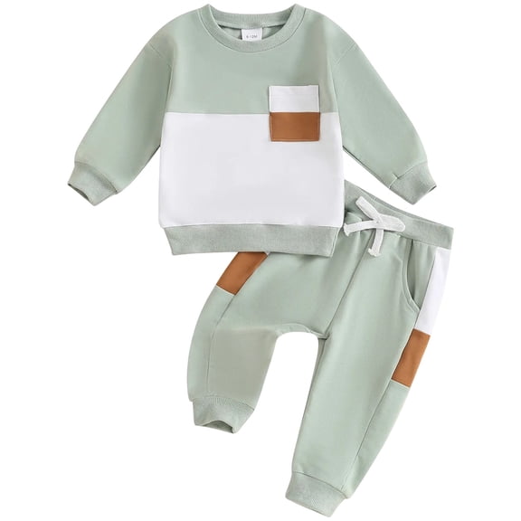 Zaveiop Toddler Baby Boy Fall Clothes Color Block Long Sleeve Sweatshirt with Solid Pants 2Pcs Winter Outfits (Light Green,18-24 M)