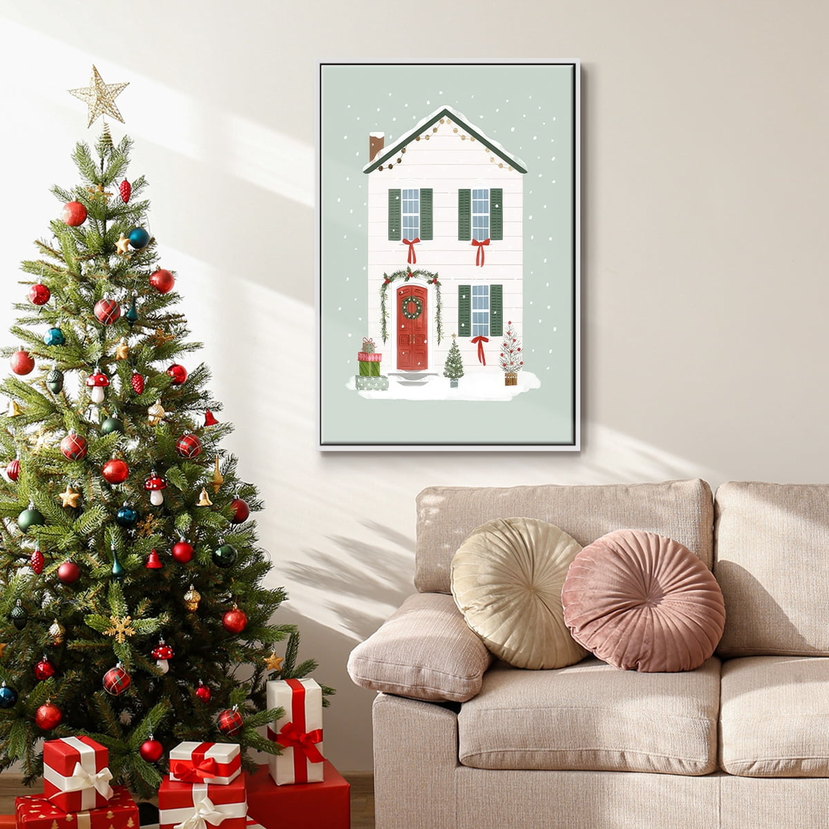 Festive Front Door III - Framed Gallery Wrapped Holiday Canvas - 27 x 41 - White Frame