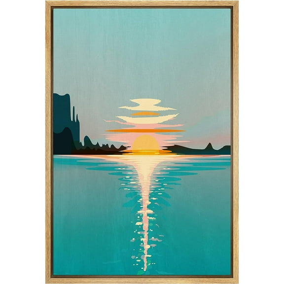 IDEA4WALL Framed Wall Art Canvas Print Pastel Sky Sunset Ocean Reflection Nature Wilderness Illustrations Modern Art Watercolor Decorative Rustic Relax for Living Room/Bedroom - 16"x24" Natural