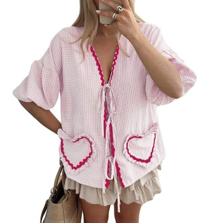 Women Plaid Babydoll Blouse 3/4 Puff Sleeve Tie Front Shirt Top Aesthetic Ruffle Hem Heart Pocket Lace Up Going Out Tops