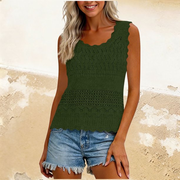Camisola Beige Tops para las Mujeres Encaje Punto sin Mangas con Nervaduras Relajado Ajuste, Tela Abierta Sólida, Escote Escarpado / Doblado