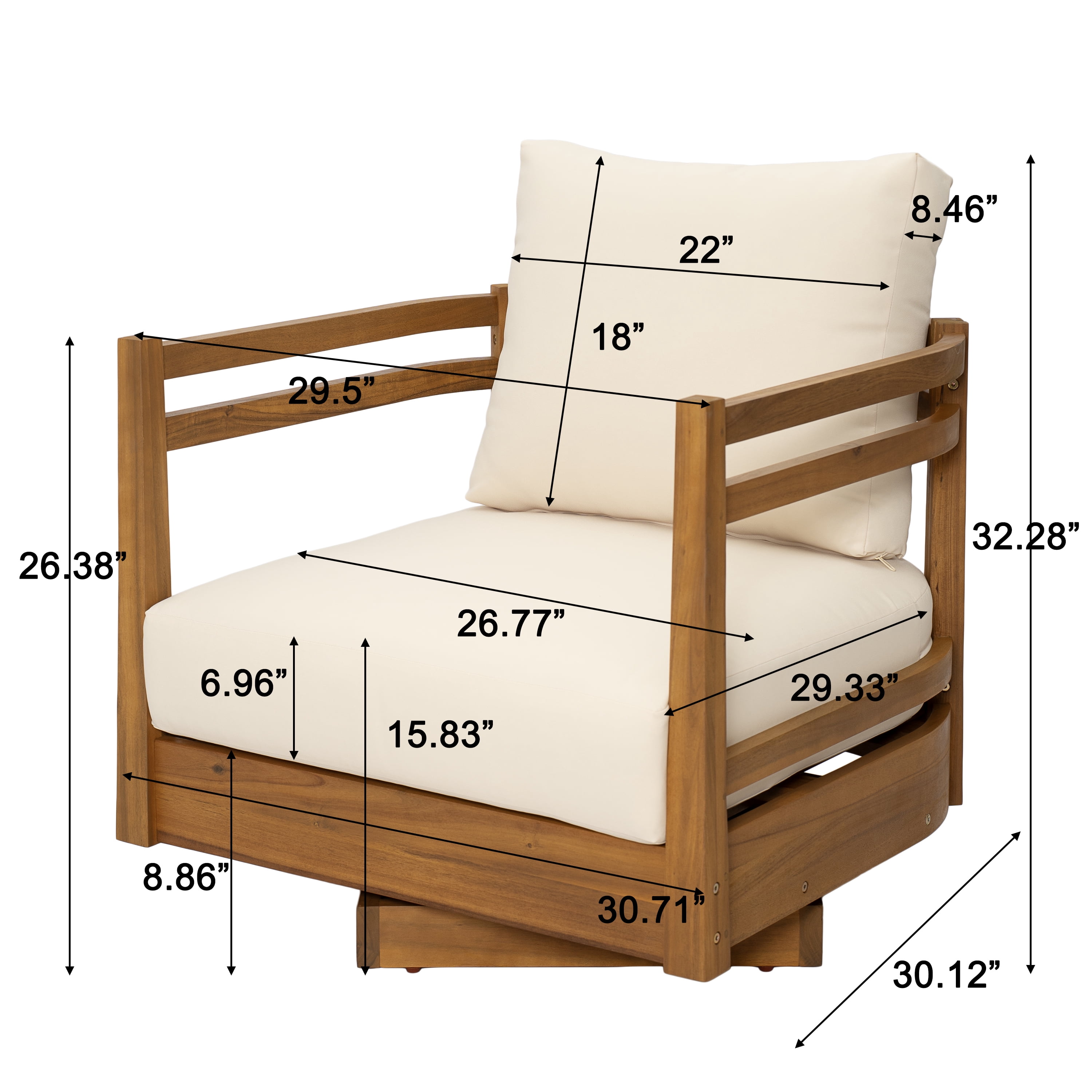 HOQBN Wood Outdoor Swivel Chair with Beige Cushions,All Weather-Resistant Fabric,Modern Open-Frame Armrests Outdoor Chair for Patio, Deck, Garden