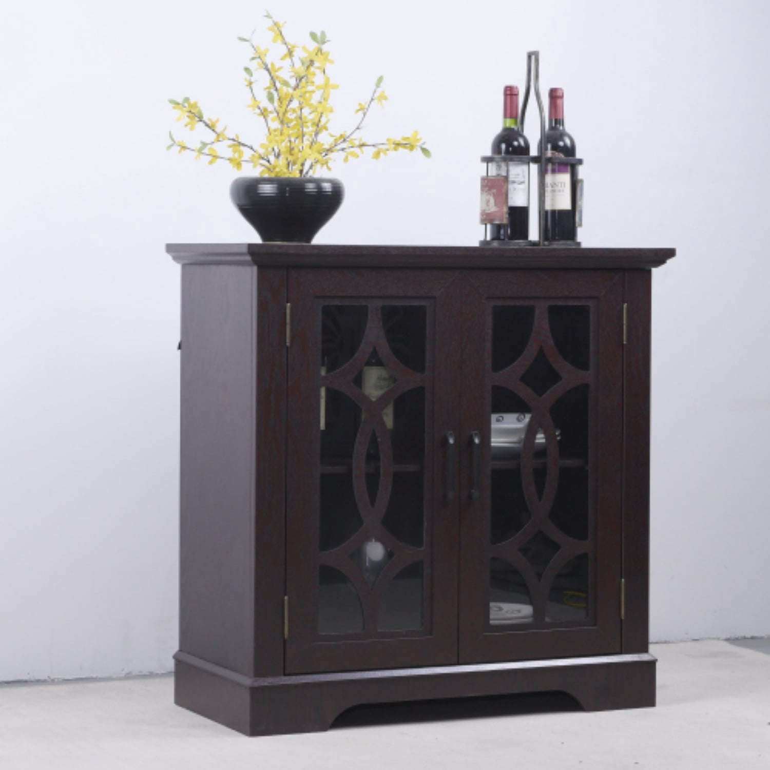 34.37" Modern Glass Door Sideboard Buffet Cabinet, MDF Storage Credenza with Adjustable Shelf, Tempered Glass Display Cabinet for Dining Living Room Kitchen, Ox Blood Red