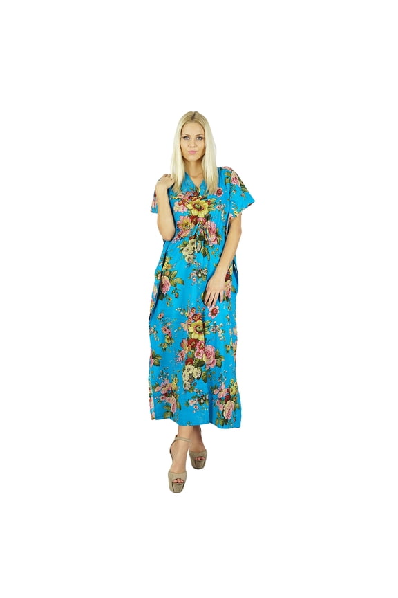 Women Long Cotton Kaftan Blue Floral Night Wear Classic Caftan Dress