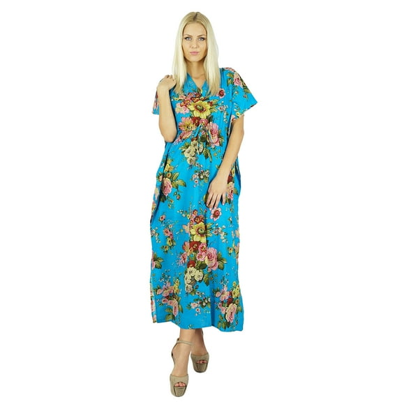 Bimba Women Long Cotton Kaftan Blue Floral Night Wear Classic Caftan Dress