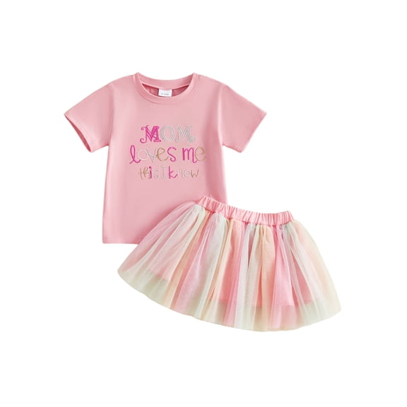 BemeyourBBs Mom Loves Me Baby Girl Summer Clothes Toddler Baby Girls Mothers Day Outfits Letter Embroidered Crew Neck Short Sleeve T Shirt Tops and Tulle Tutu Skirt Set
