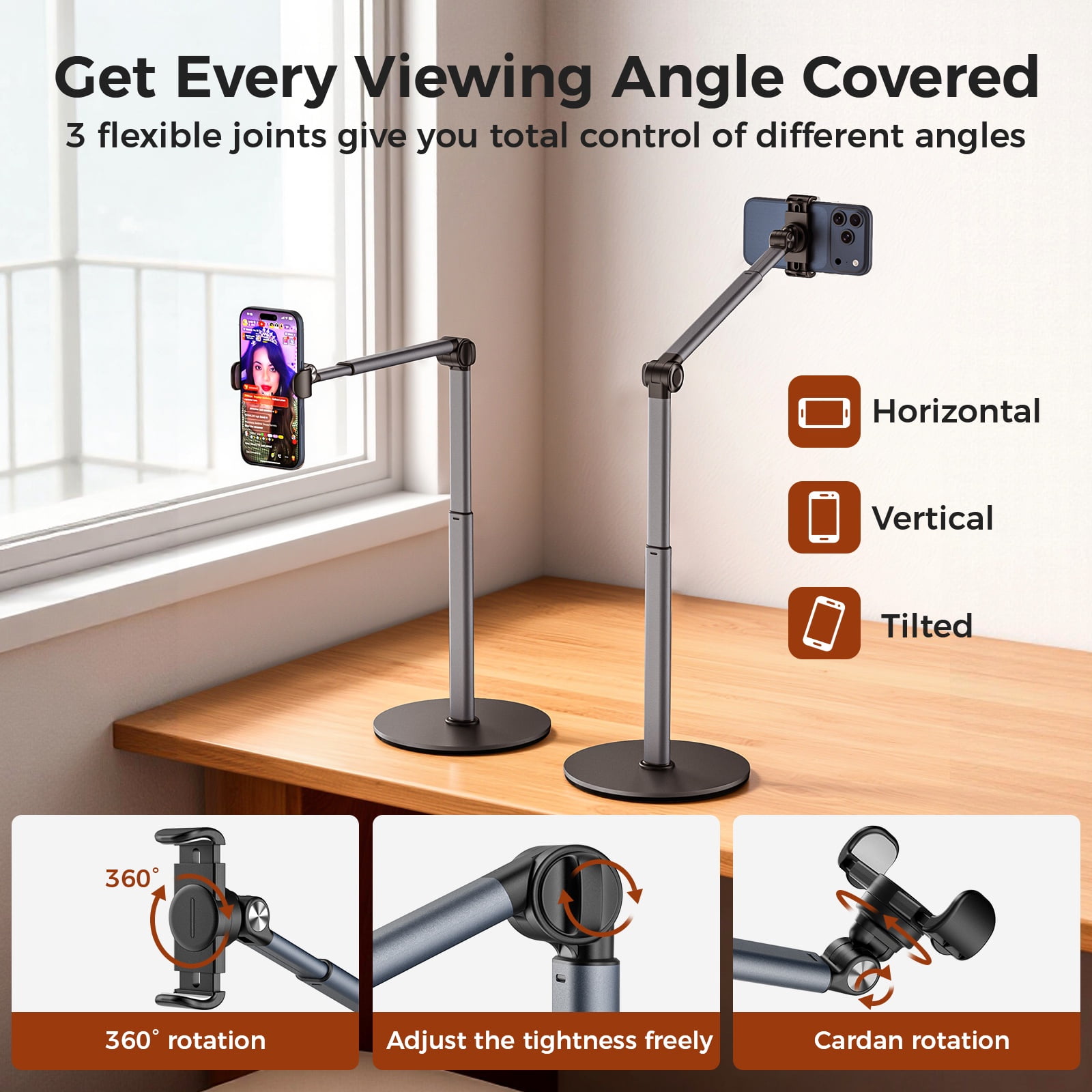 MoKo Overhead Phone Mount, 11.8 in Desk Cell Phone Tripods Stands, Angle & Height Adjustable, Telescopic Arm for Live Streaming, Meeting, Cooking, Nail Video Recording