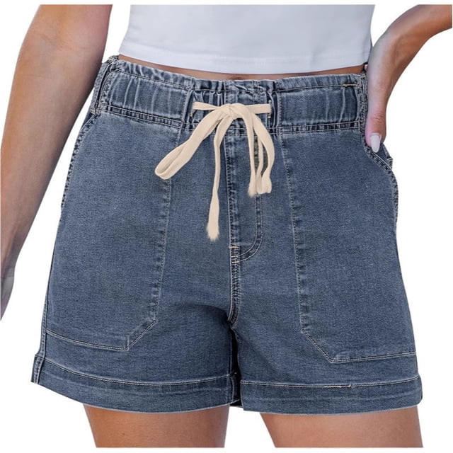 Pantalones cortos de mezclilla for mujer de talle alto con cordón elástico en la cintura elástica de moda Jorts de mezclilla pantalones cortos de verano
