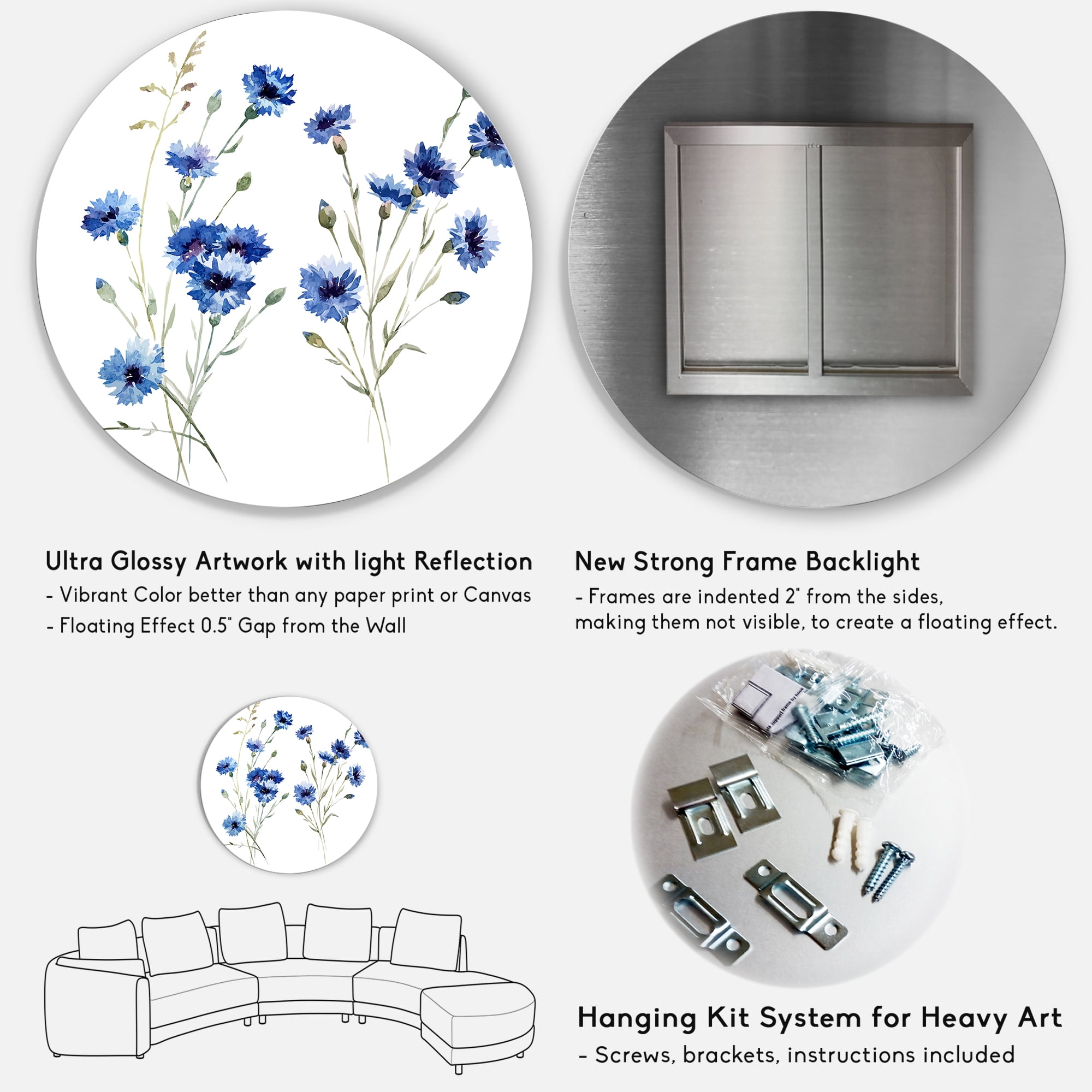 Designart 'Blue Cornflowers With Green Leaves On White III' Traditional Circle Metal Wall Art 29x29 - Disc of 29