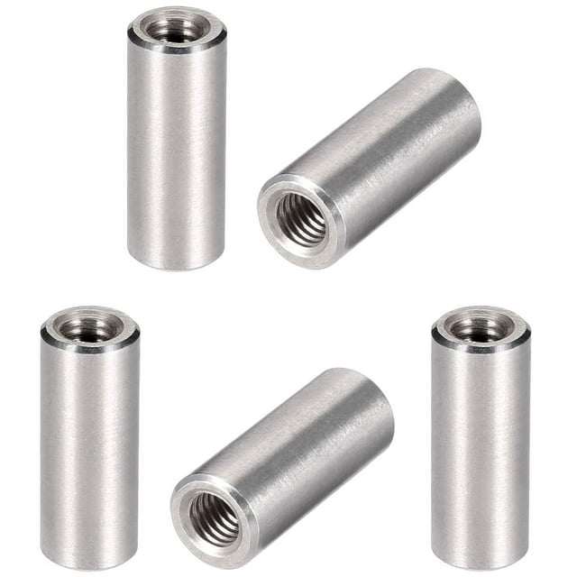 MroMax 5Pcs M6 Round Connector Nuts, 304 Stainless Steel Rod Coupling Nuts 25mm/0.98" Length Female Thread for Camera Pan, Lamp Bracket, Glass Folding Dining Table Silver