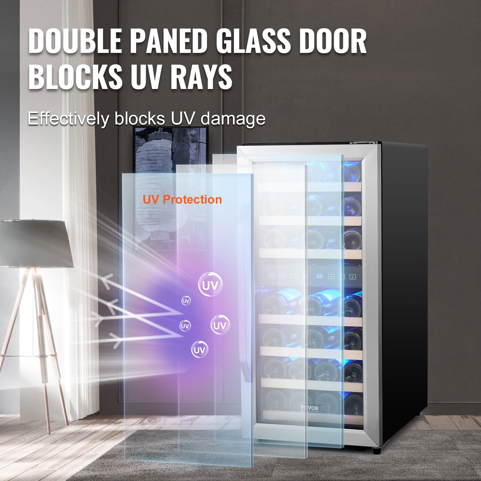 VEVOR 33-Bottle Wine Cooler,Dual Zone & Dual Temperature Wine Fridge, Freestanding Refrigerator with Circulating Air-cooling and Digital Control,Tempered Glass Door with UV Protection,for Home Bar