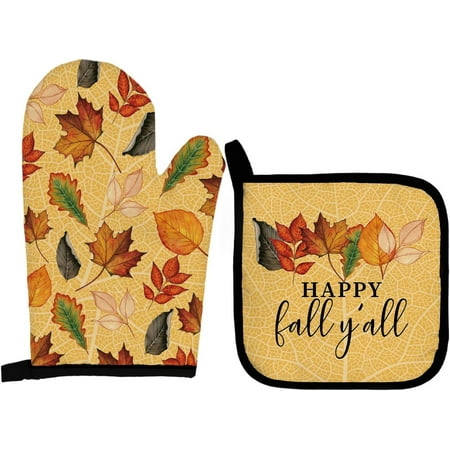 

Sunyuer Happy Fall Y all Printed Oven Mitts and Pot Holders 2 Pcs Sets Heat Resistant Oven Gloves Potholder for Kitchen Cooking Baking Decoration