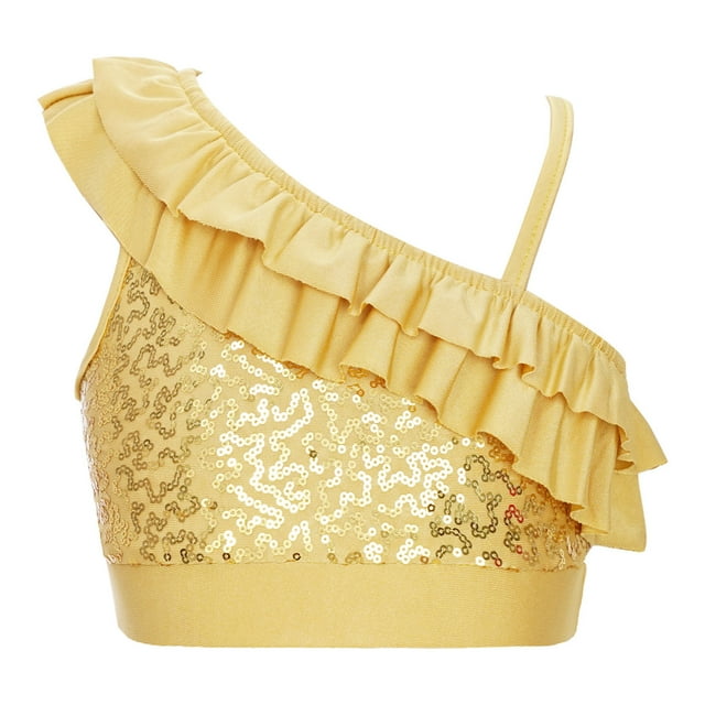 Yartina Kids Girls Asymmetrical Ruffled Sequin Performance Crop Tops Modern Jazz Hip Hop One Shoulder Dance Costume Gold 8