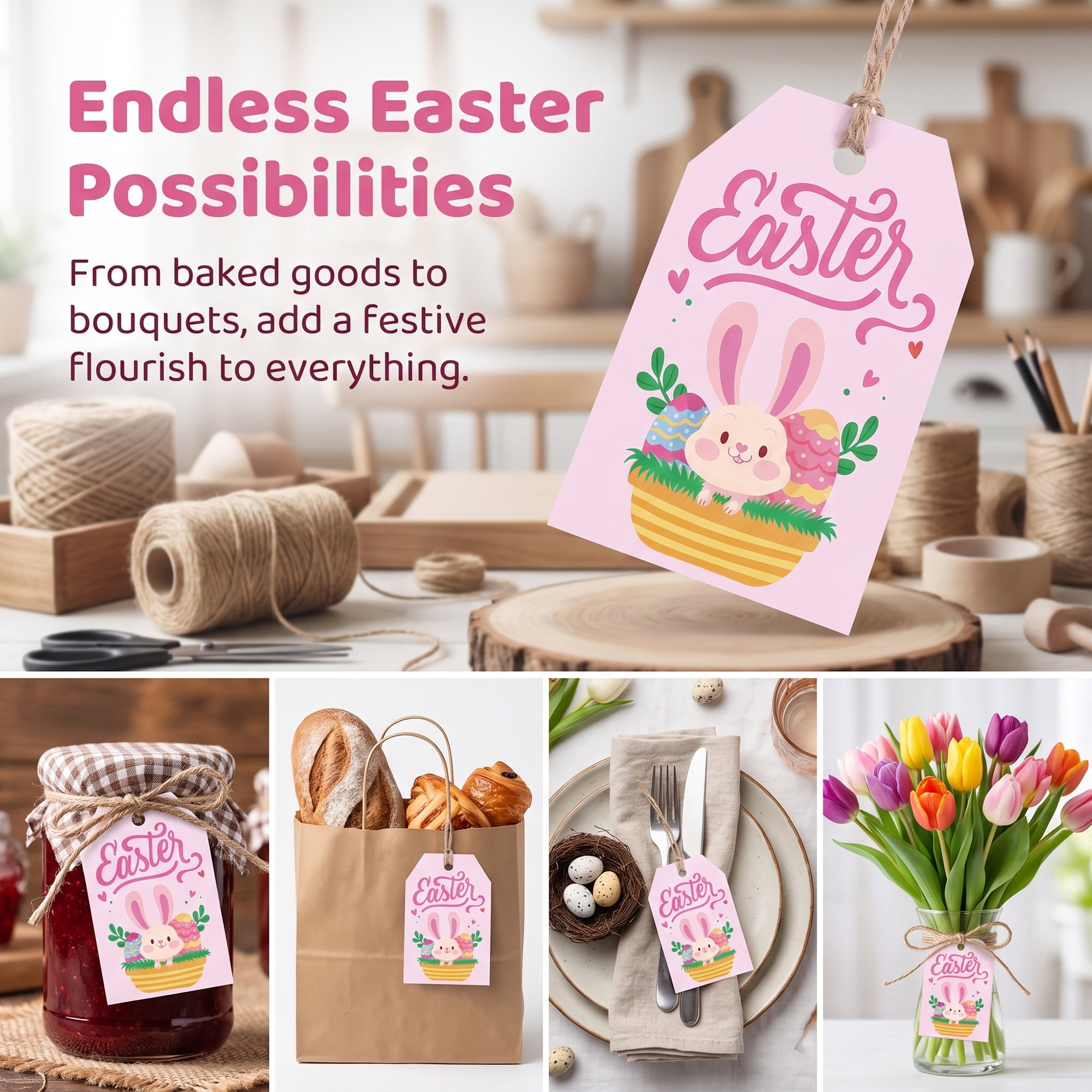 Unique Bargains 100Pcs Easter Gift Tags with Twine for Wrapping Rabbit Pattern 2" x 3.1"
