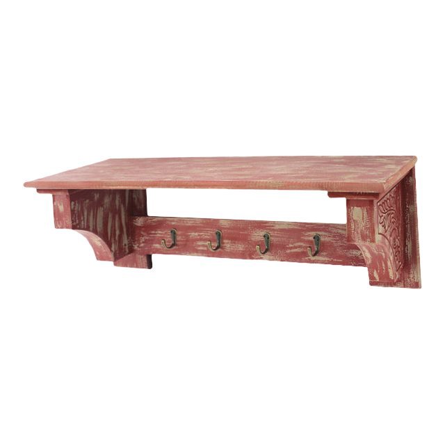 Benzara - Étagère - Cadres Latéraux Sculptés - 4 Crochets - Bois - Rouge Vieilli