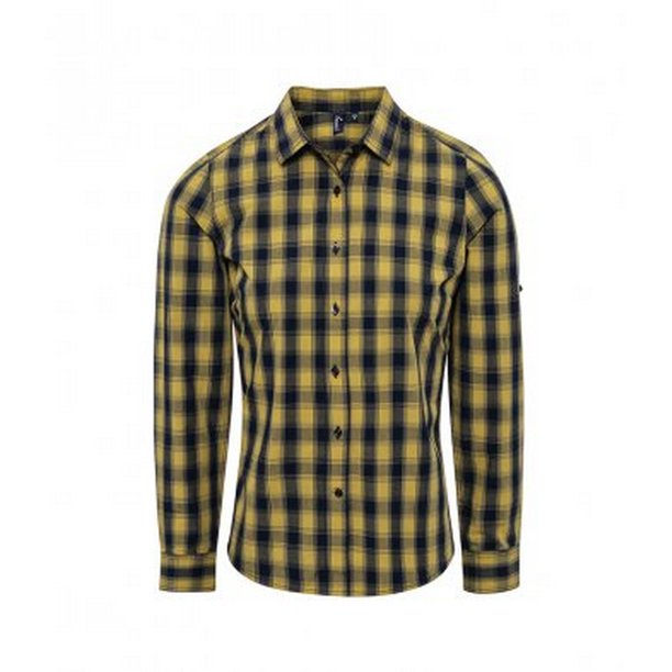 Premier - Camisa a cuadros con manga larga modelo Mulligan para mujer (Camel/Azul Marino)