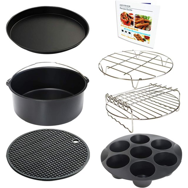 TEMOGU-8 Inch Air Fryer Accessories Set of 7 for 3.5Qt-5.8Qt Phillips Nuwave Gowise Gourmia Ninja Air Fryer, with Egg Bites Mold, Pizza Pan, Cake Barrel, Skewer Rack, Silicone Mat, Cookbook