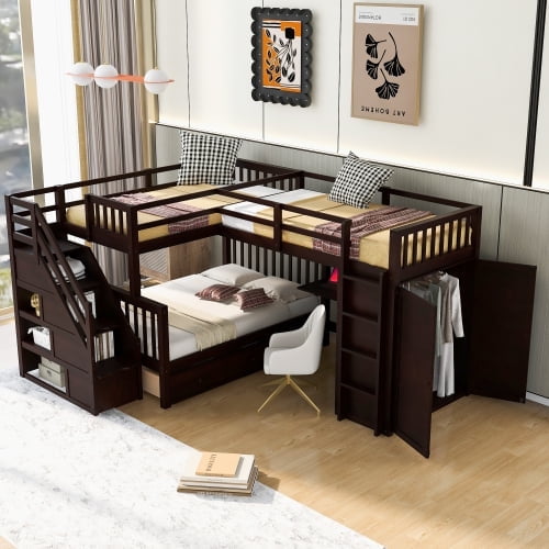 DRNANLIT L-Shaped Bunk Bed Solid Wood Twin-Twin over Full With 3 Drawers, Bunk Bed with Desk & Wardrobe No Box Spring Required, Easy Assembly, for Bedroom Espresso
