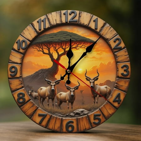 Wall Clock Decorative - Vintage African Deer Sunset Print 2D Vintage Wall Clocks Battery Operated Silent Non-Ticking for Bedroom, Living Room, Kitchen, Office, Classroom, 10 Inch